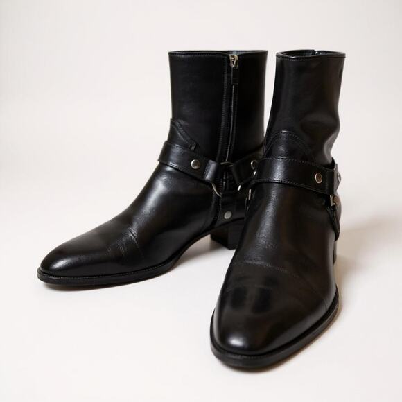 YSL Saint Laurent Wyatt Boots Mens US 13/EU 46 Black Harness Ring Leather Italy - Picture 1 of 14